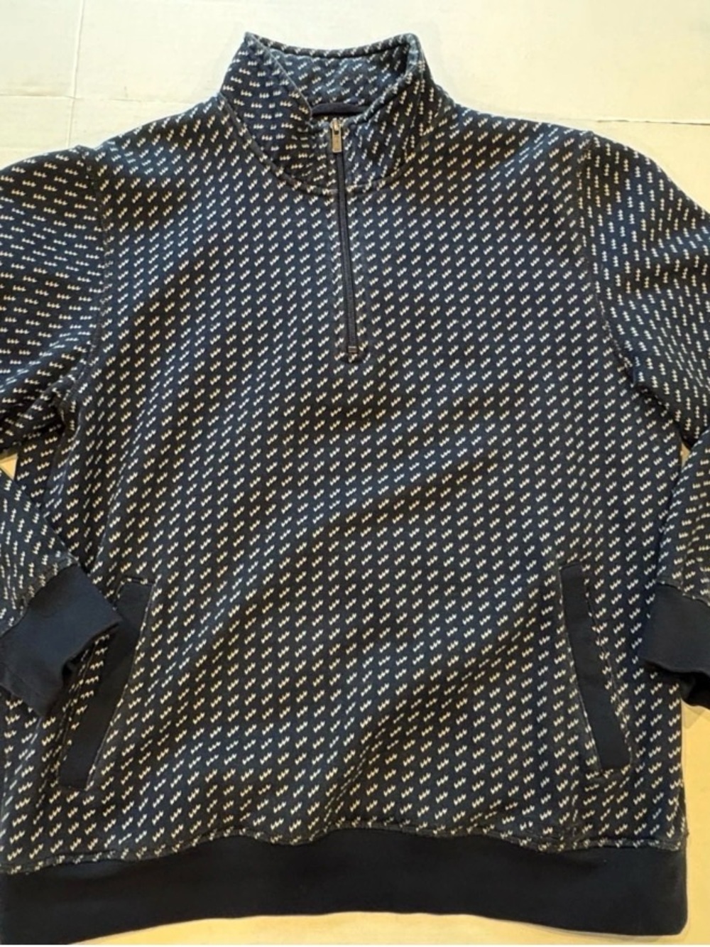 L.L.BEAN Men’s Birdseye Quarter Zip Sweater Sweatshirt - Navy and White - Medium